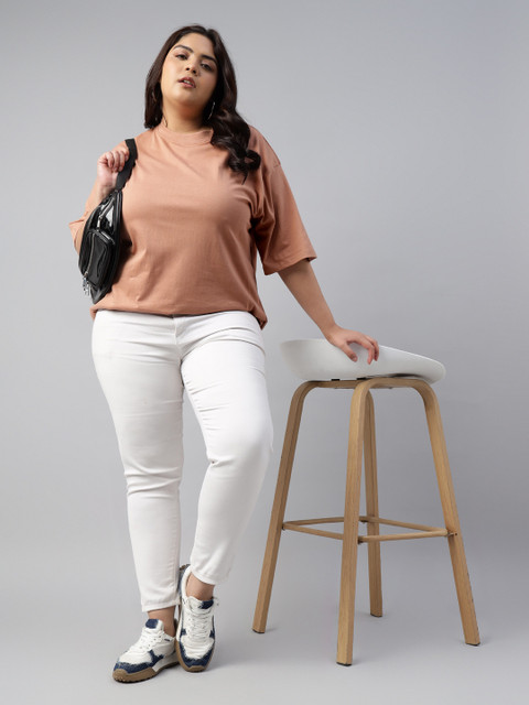 JUNEBERRY Women Brown Solid Round Neck Relaxed Fit Pure Cotton Oversized Plus Size T-Shirt - Image 7