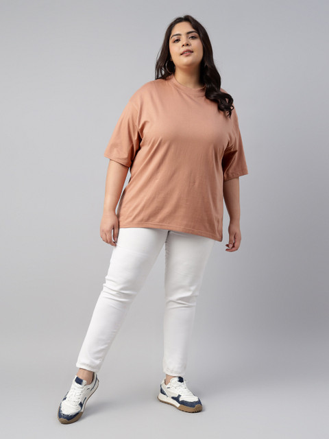 JUNEBERRY Women Brown Solid Round Neck Relaxed Fit Pure Cotton Oversized Plus Size T-Shirt - Image 6