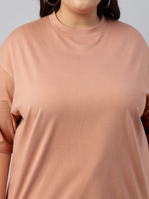 JUNEBERRY Women Brown Solid Round Neck Relaxed Fit Pure Cotton Oversized Plus Size T-Shirt - Image 3