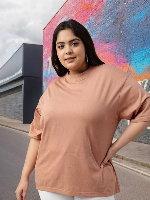 JUNEBERRY Women Brown Solid Round Neck Relaxed Fit Pure Cotton Oversized Plus Size T-Shirt