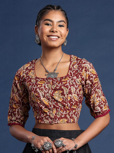 Taavi Kalamkari Hand Block Printed Cotton Non Padded Saree Blouse