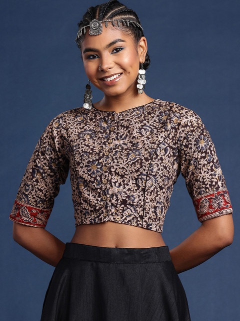 Taavi Kalamkari Hand Block Printed Cotton Non Padded Saree Blouse