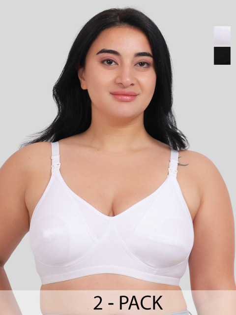 Fabme Pack Of 2 Plus Size Full Coverage Cut and Sew Cotton Non Padded Bra