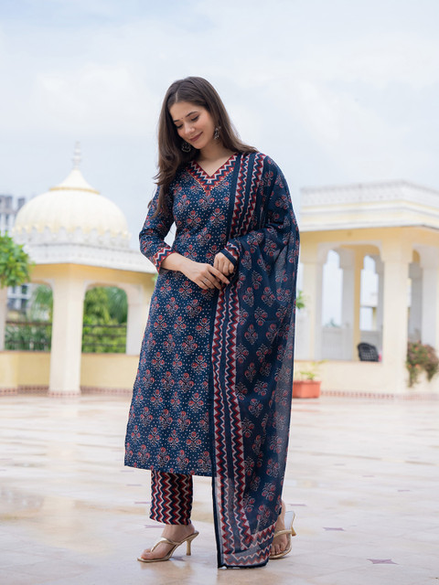 KALINI Floral Printed Straight Kurta With Trousers & Dupatta - Image 5
