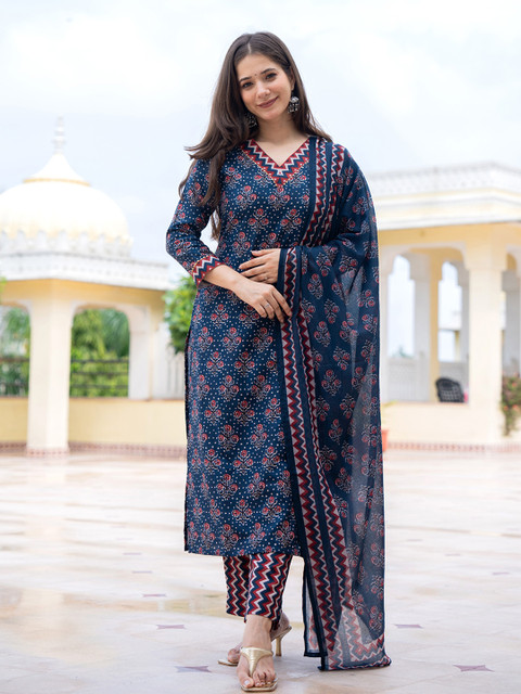 KALINI Floral Printed Straight Kurta With Trousers & Dupatta - Image 7