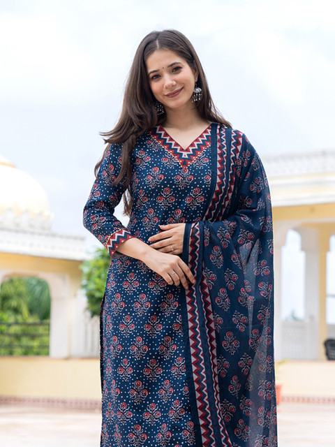 KALINI Floral Printed Straight Kurta With Trousers & Dupatta