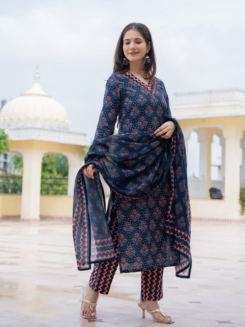 KALINI Floral Printed Straight Kurta With Trousers & Dupatta - Image 3