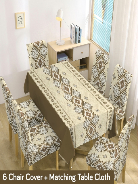 HOKIPO Brown & White 7 Pieces Printed Chair Covers & Table Cloth - Image 6
