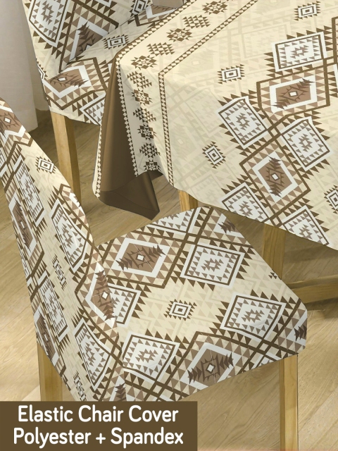 HOKIPO Brown & White 7 Pieces Printed Chair Covers & Table Cloth - Image 4