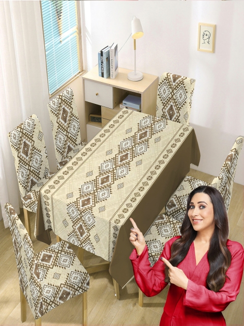 HOKIPO Brown & White 7 Pieces Printed Chair Covers & Table Cloth