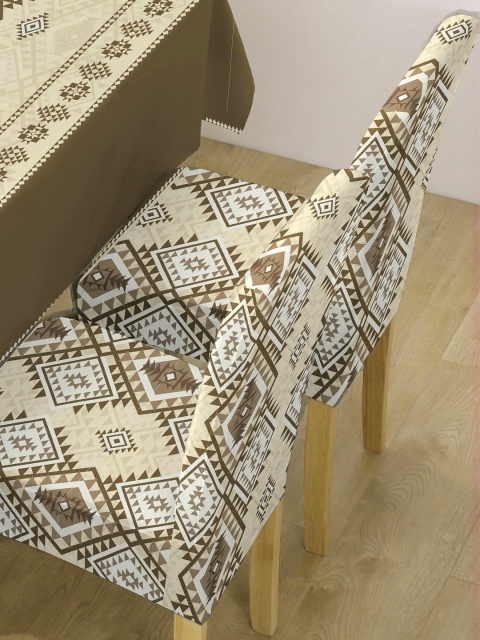 HOKIPO Brown & White 7 Pieces Printed Chair Covers & Table Cloth - Image 5