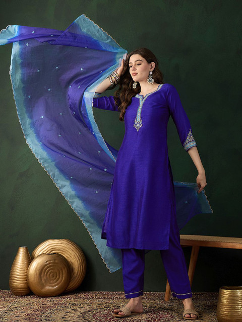 Sangria Blue Floral Embroidered Notch Neck Straight Kurta With Trouser & Dupatta
