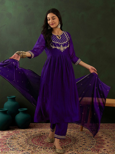 Sangria Purple Ethnic Motifs Embroidered Keyhole Neck A-Line Kurta With Trouser & Dupatta