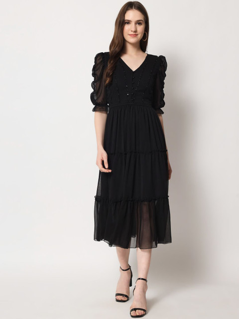 ARDITA Women Puff Sleeve Chiffon Tiered A-Line Midi Dress