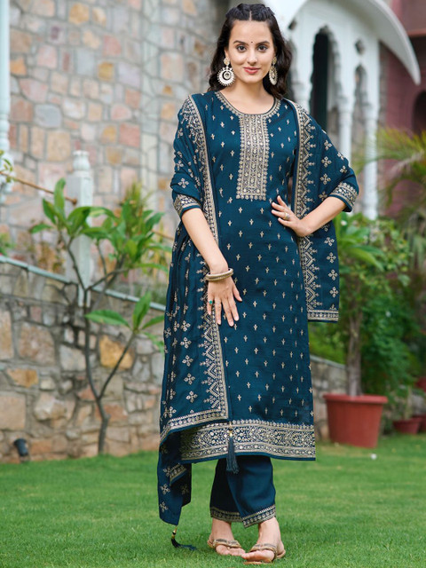 KALINI Ethnic Motifs Embroidered Straight Kurta with Trousers & Dupatta