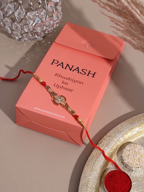 PANASH Gold Plated Stone Studded Thread Rakhi With Roli Chawal