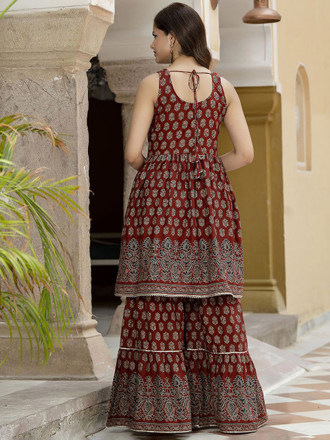 Nayo Ethnic Motifs Printed Sweetheart Neck Pure Cotton Kurta with Sharara & Dupatta - Image 4