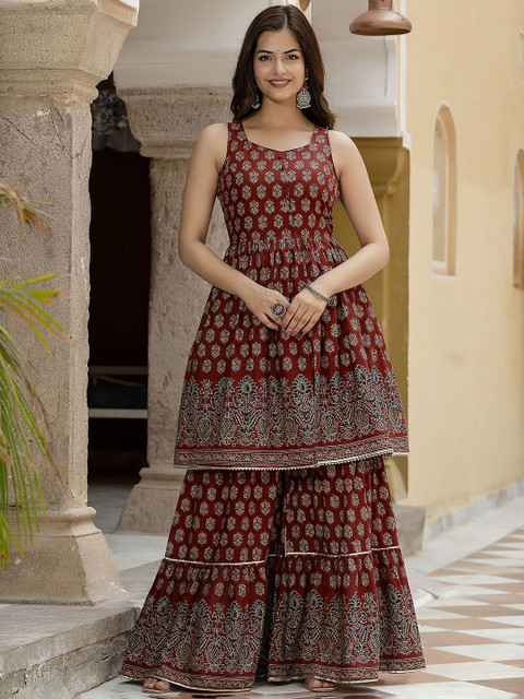 Nayo Ethnic Motifs Printed Sweetheart Neck Pure Cotton Kurta with Sharara & Dupatta - Image 7