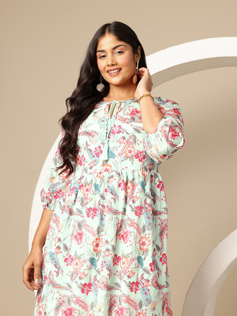 Sztori Plus Size Ethnic Print Keyhole Neck Mini Dress