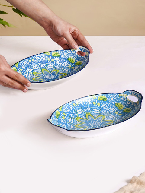 Nestasia Blue & White 2Pcs Mandala Printed Ceramic Bakeware With Handle - Image 2