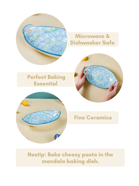 Nestasia Blue & White 2Pcs Mandala Printed Ceramic Bakeware With Handle - Image 6
