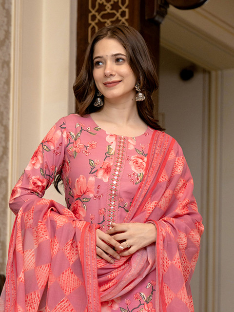 KALINI Floral Printed Mirror Work Straight Kurta With Trousers & Dupatta - Image 3