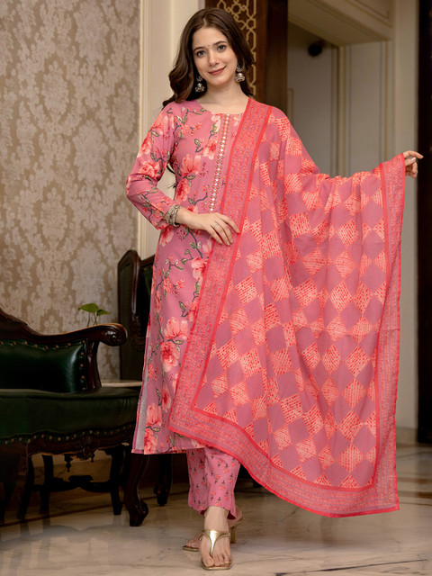 KALINI Floral Printed Mirror Work Straight Kurta With Trousers & Dupatta - Image 7