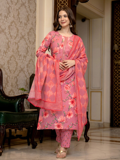 KALINI Floral Printed Mirror Work Straight Kurta With Trousers & Dupatta - Image 2