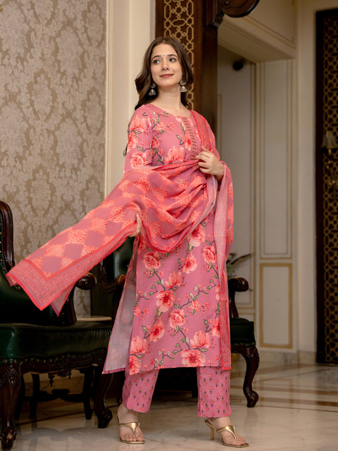 KALINI Floral Printed Mirror Work Straight Kurta With Trousers & Dupatta - Image 4