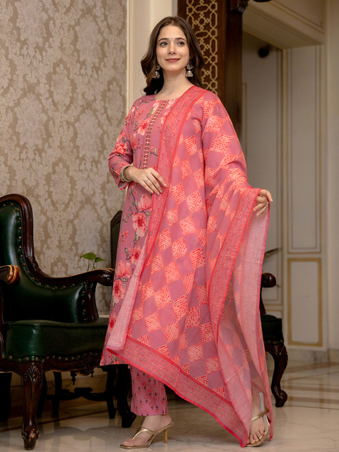KALINI Floral Printed Mirror Work Straight Kurta With Trousers & Dupatta - Image 5