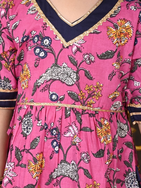 Superminis Girls Floral Printed Regular Gotta Patti Pure Cotton A-Line Kurti with Sharara - Image 2