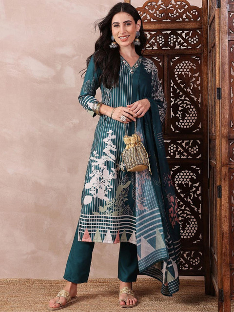 KALINI Abstract Printed Thread Work Straight Kurta with Trousers & Dupatta - Image 6