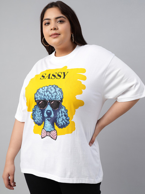 JUNEBERRY Women White Printed Relaxed Fit Pure Cotton Oversized Plus Size T-Shirt - Image 7