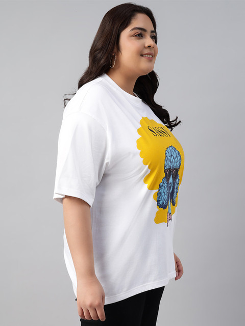 JUNEBERRY Women White Printed Relaxed Fit Pure Cotton Oversized Plus Size T-Shirt - Image 3