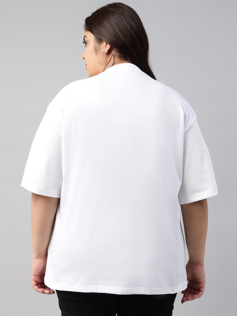 JUNEBERRY Women White Printed Relaxed Fit Pure Cotton Oversized Plus Size T-Shirt - Image 5