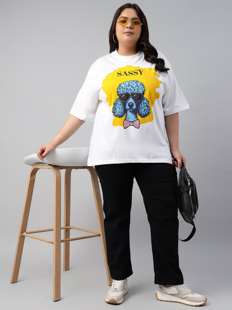 JUNEBERRY Women White Printed Relaxed Fit Pure Cotton Oversized Plus Size T-Shirt - Image 6