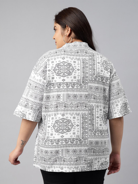 JUNEBERRY Women White Printed Round Neck Pure Cotton Oversized Plus Size T-shirt - Image 5