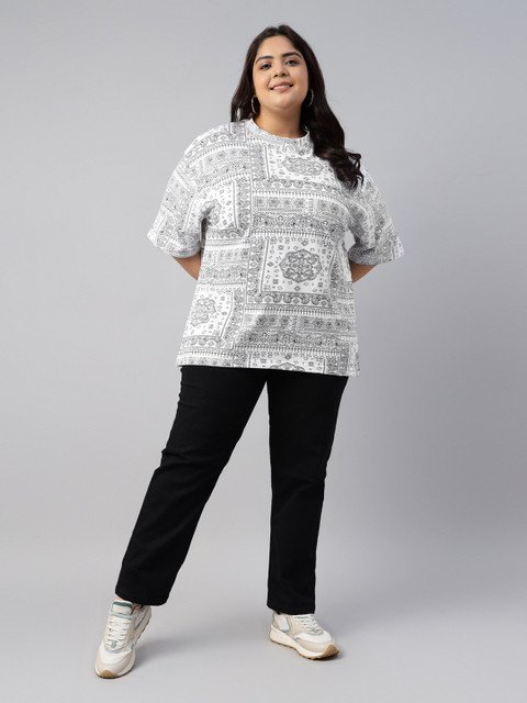 JUNEBERRY Women White Printed Round Neck Pure Cotton Oversized Plus Size T-shirt - Image 6