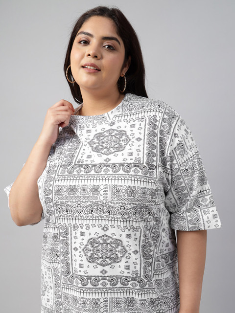 JUNEBERRY Women White Printed Round Neck Pure Cotton Oversized Plus Size T-shirt - Image 7