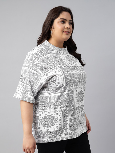 JUNEBERRY Women White Printed Round Neck Pure Cotton Oversized Plus Size T-shirt - Image 3