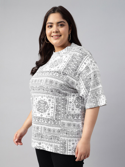 JUNEBERRY Women White Printed Round Neck Pure Cotton Oversized Plus Size T-shirt - Image 4