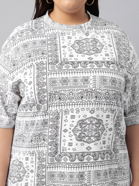 JUNEBERRY Women White Printed Round Neck Pure Cotton Oversized Plus Size T-shirt - Image 2