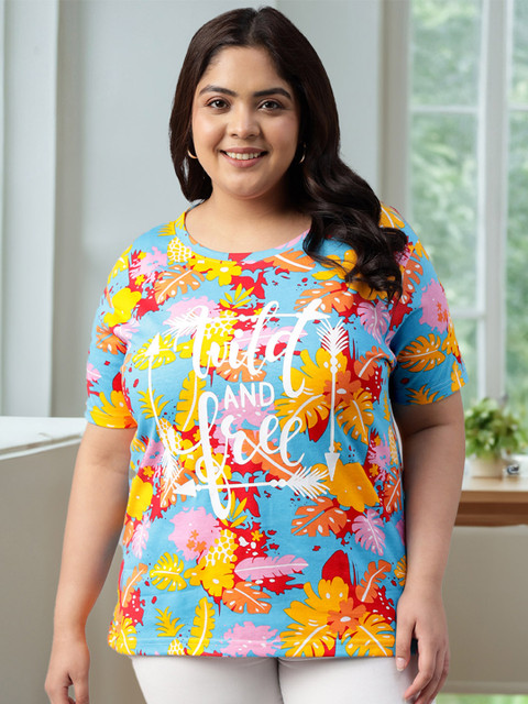 JUNEBERRY Women Multicolor Floral Printed Round Neck Regular Fit Plus Size T-shirt