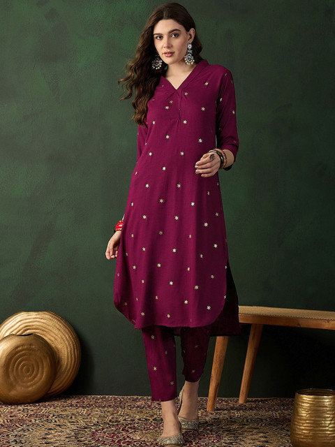 Sangria Burgundy Floral Printed V-Neck Straight Kurta With Trousers