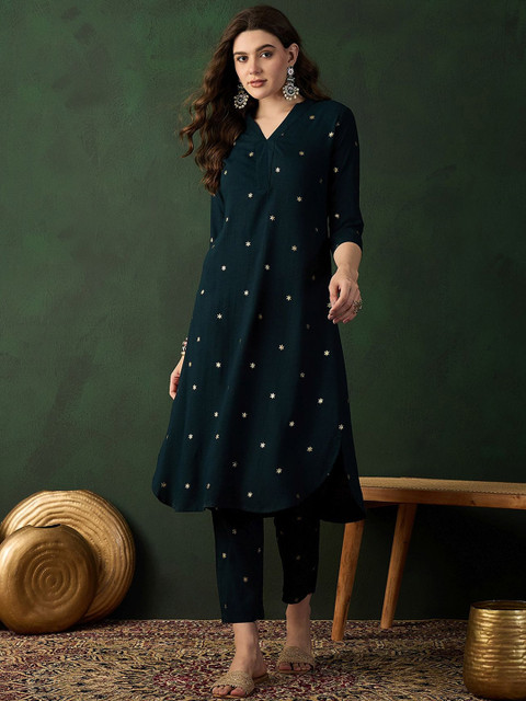 Sangria Teal Green Floral Printed V-Neck Straight Kurta With Trousers