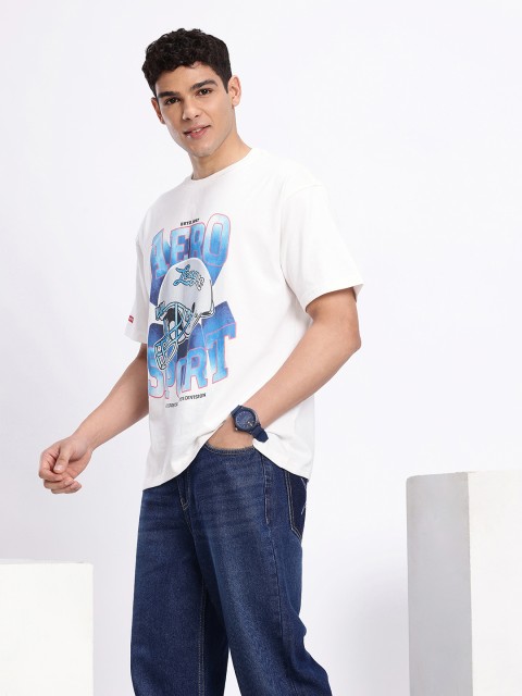 Aeropostale Brand Logo Printed Drop-Shoulder Sleeves Relaxed Fit Pure Cotton T-shirt - Image 4