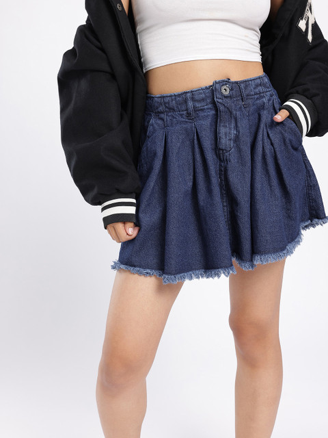 DressBerry Women Pleated Flared Denim Mini Skirt