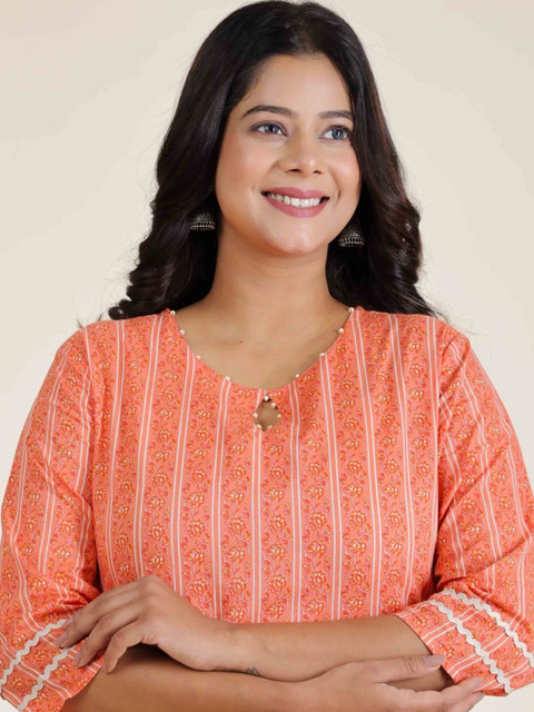 Aramya Floral Printed Keyhole Neck Pure Cotton Straight Kurta - Image 6