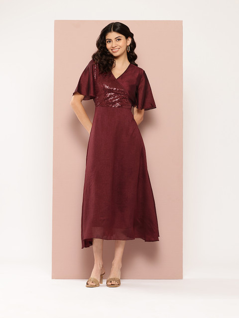 Qurvii Embellished Flared Sleeve Fit & Flare Midi Dress