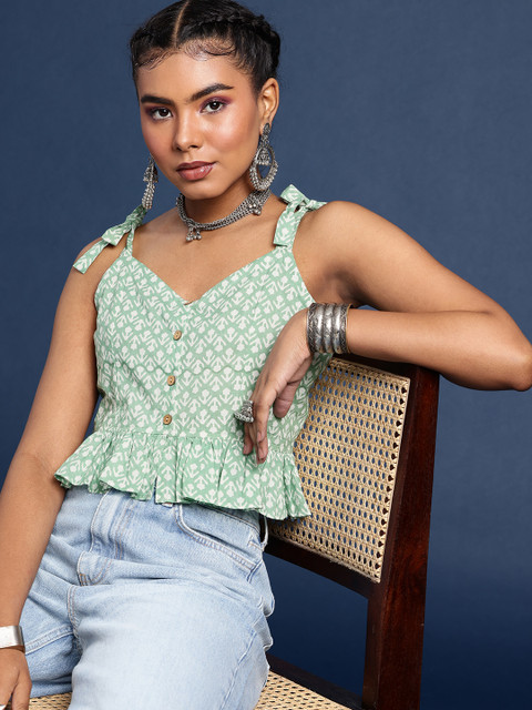 Taavi Hand Block Print Sweetheart Neck Ethnic Cotton Crop Top